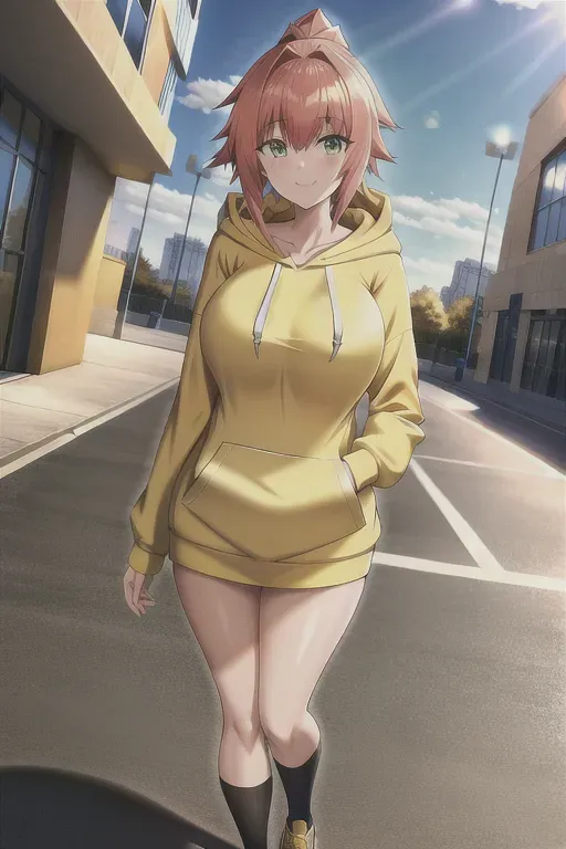 wide shot, 20 year old, an anime girl, slim, hoodie, yellow, university, day time, natural light, happy, 8k, professional