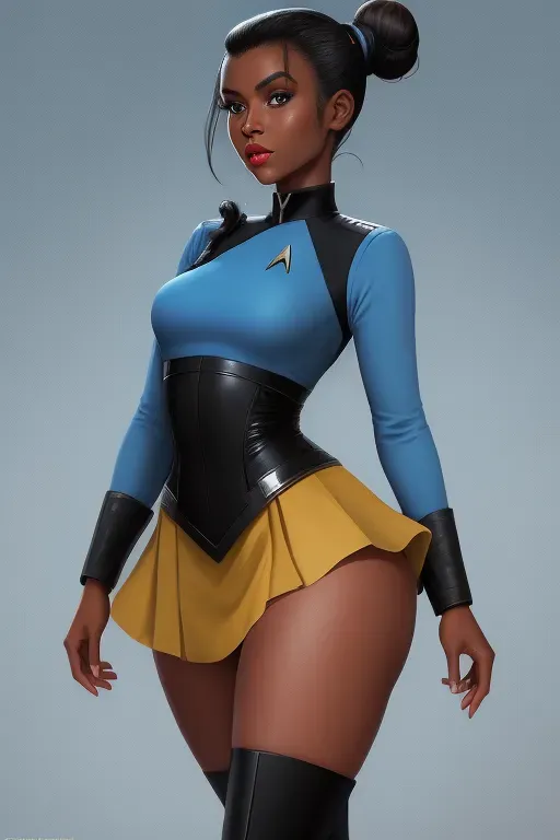 Star trek the original series, vulcan female, science officer, lieutenant, hair bun, blue eyes, red lips, dark skin, solid blue one-piece hip length skirt, average waist size, thick butt, curvy thighs, pussy, thigh high boots, live long and prosper, 60s