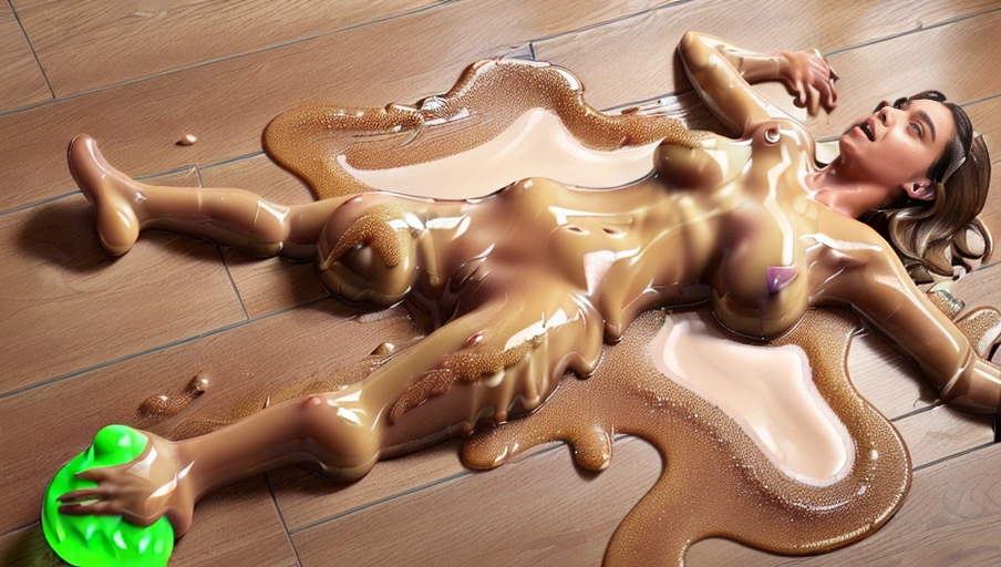8k, photorealistic, deserted laboratory scene, full length shot, (((beautiful young busty naked woman))), huge breasts, ((bobcut hair)), pointed ears,eyes, scared expression, gorgeous body, centerfold body, ((laying on floor face-up)),vomiting sticky light brown color slime onto woman breasts)), woman cannot move, ((((sticky light brown color slime strands run between womans body and floor)))),melting into puddle,slime is light brown,rubber hose arms,lab in background