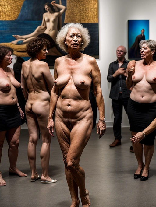 a naked sexually aroused middle aged lady is is the only one naked at a crowded public art gallery