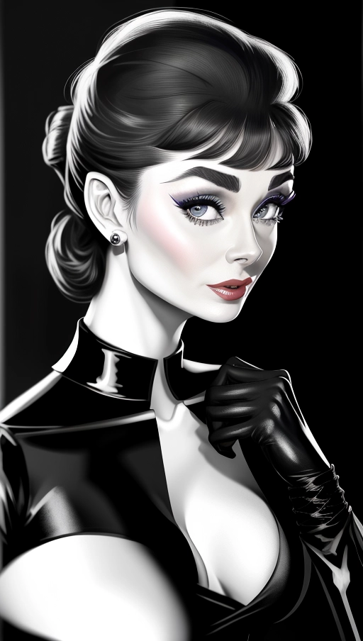 audrey hepburn in BLACK SEXY CORSET and facing camera in colour