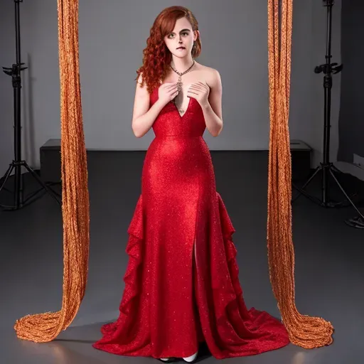 Emma Watson with red curly hair in a red dress wrapped in chains, 8k photo, studio lighting, open legs, blue eyes, chained to altar, skinny