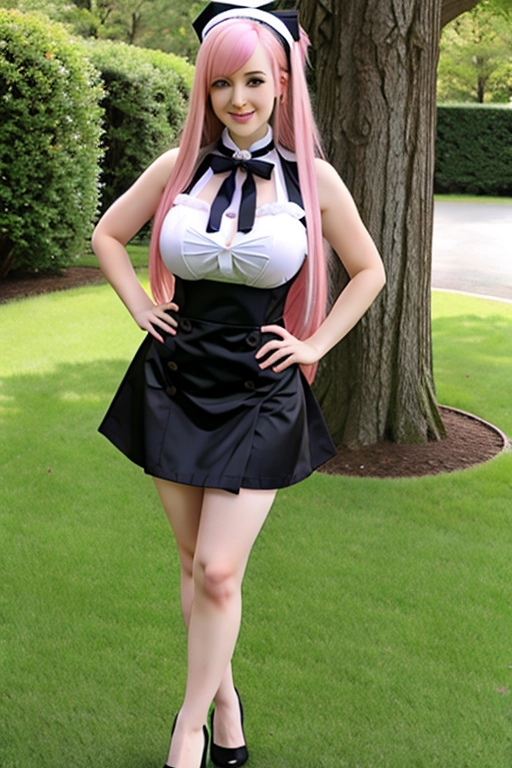long hair, pale skin, pink hair, blue eyes, black choker, giant H-cup breasts, wavy hair, maid uniform, smiling, full body photo, 28 years old, miniskirt, cleavage, high heels