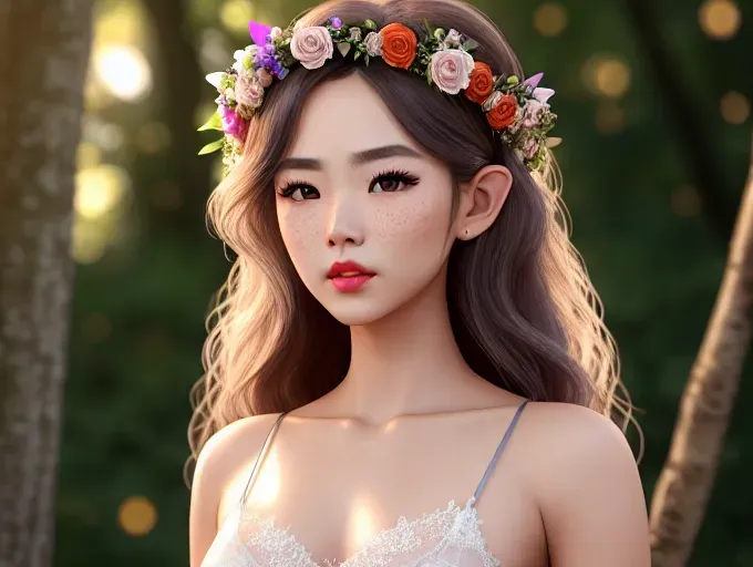 a highly detailed photo of young asian girl, best quality, ultra-hd, 8k resolution, 18 years old, light skin, beautiful face, perfect body, big rounded eyes, beautiful red lips, inocent face, highly detailed face, curved eyebrows, inocent face, correct anatomy, 8k, insanely beautiful, ultrarealistic, five fingers per hand, non nunde, freckles, ((detailed facial features)),((detailed arms features)),(textured skin),((beautiful lips)), ((8k resolution photo)), ((detailed hair features)), long elf ears, at the forest, lace lingerie, lace sotcking, ((masterpiece)), transparent dress, fairy butterfly wings on the back, at night, fairy tale style flying over a flower, flower crown