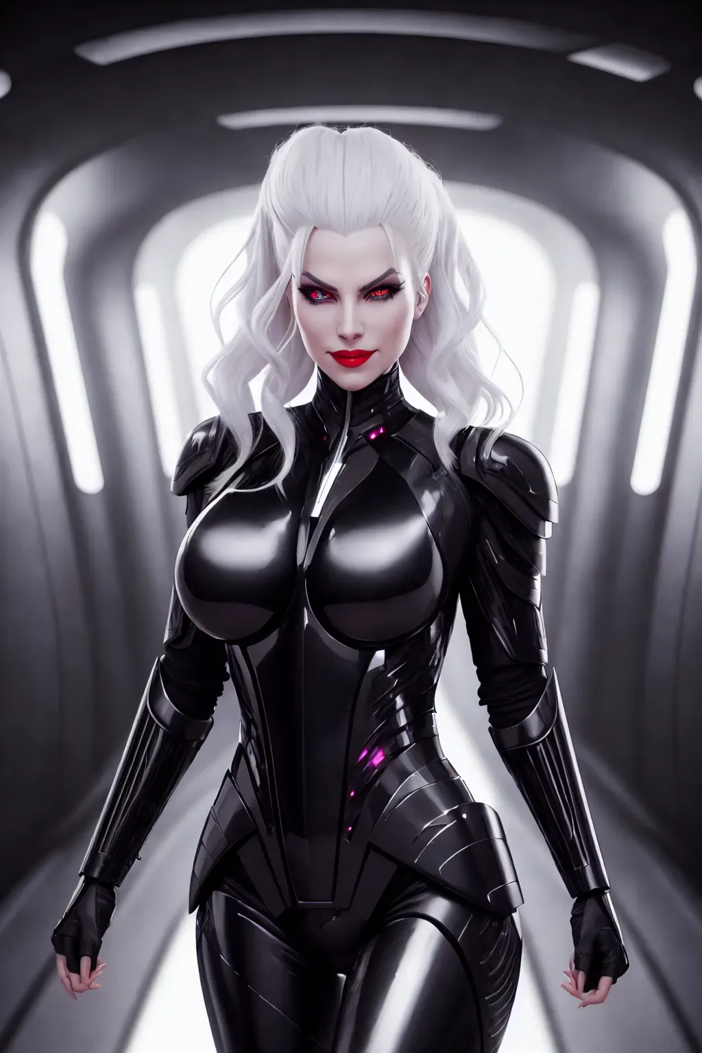 a professional photograph of, 8k, a female Sith, full body, wearing black futuristic armor, wavy platinum hair, evil smile, in a dark spaceship corridor, five slender fingers, beautiful lips, curved eyebrows, curved eyelid, beautiful eyes, ultra realistic,