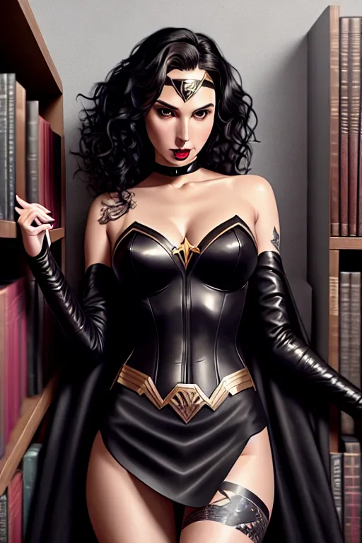 a digital painting of,gal gadot,wearing goth clothes,lying,at the library,amazing breasts,five slender fingers,curly hair,gorgeous face,beautiful lips,curved eyebrows,satisfaction,tattoo,smooth,highly detailed,pixiv,bokeh,cgsociety