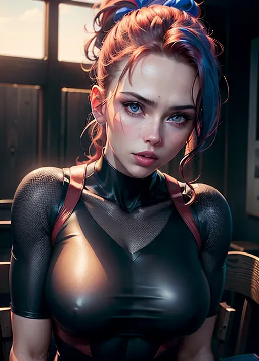 8k, digital photo of Scarlett Johansson, (ponytail, medium size breast, tight clothes, horny face, bites lips, look at the camera, blue-colored eyes, pale skin that glistens in the sun), (beautiful detailed eyes, symmetrical eyes), dramatic lighting, (8kRAW photomasterpiece), High detail RAW color photo, a professional photorealistic, (highest quality), (best shadow), (best illustration), ultra high resolution, highly detailed CG unified 8K wallpapers, physics-based rendering, photo,realistic, realism, high contrast, hyperrealism, photography, f1. 6 lens, rich colors, hyper-realistic lifelike texture, cinestill 800,