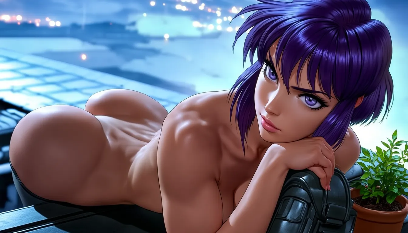 @shirou masamune, @cinematicsoftanime, ource_anime, Ghost in the Shell (1995), score_7, score_8, consistent anatomy, {0.70::(dynamic action) | 0.20::(tranquil moment) | 0.15::(meditative mood) | 0.35 :: (paranoid spy mission)}, blurred background, depth of field, crisp image, sharp outlines, {(hentai, doujinshi, pornographic, not safe for work, naked body, bare, intimate parts exposed, sexy, erotic, obscene)::0.07 | (safe for work, body covered, decent, safe, clothes)::0.93},
{frontal | ultra dynamic angle | in three fourths | from below | from behind, looking back | {from behind):0.05 | from above | dutch angle | extra close up | from side | side view | undershot | top view | overhead view}, 1995 anime shot, 8K. cinematic shot, vivid colours, depth of field, HDR, highest quality, expert shading, natural anatomy, realistic body,
masterpiece, best quality, (nsfw):1.6, ${core}, ${action_scene}, ${render}, anime action illustration, clear anatomy, elegant natural detailed hands, anatomically correct, each hand has exactly 5 fingers. The subject performs the stated action. One camera view, one setting, one primary vehicle or prop at most.
PROTAGONIST: Young girl Motoko Kusanagi (Ghost in the Shell), very detailed face, facial features emphasized to create a realistic look,
${outfit}, ${figure}, ${skin_hair}, ${eyes}.
${outfit=!{
cybernetically augmented body, {full body thick armor|sleek matte-black tactical armor|reflective chrome-plated bodysuit with large boob window exposing deep cleavage|matte carbon-fiber combat suit|glossy synthetic-leather bodysuit | bare body with edges of augmentation plates located symmetrically in the body}, covered legs, 0.75:: ({form-fitting armored leggings|segmented plated leggings|smooth compression leggings | 0.05::(very loose cute pajamas over naked body) | 0.05::(expensive lace lingerie with stockings exposing bare body, with perfect nipples and tiny vulva) | 0.05::(shibari-style cables on naked body, sagging breasts with perfect nipples, small trimmed patch of dark-violet pubic hair and tiny vulva) | 0.05::(transparent sheer gauze nightgown exposing naked body, contours of breasts with perfect nipples and dark-violet patch of pubic hair) | 0.05::(light petticoat with frills exposing contours of her bare body, with sagging breasts with perfect nipples and tiny vulva) | 0.05::(tactical tight corsette with deep cleavage and open bare hips) | 0.05::(fully naked body with sagging medium breasts, perfect nipples, hairless virgin vulva, thick dog collar on her neck connected to handcuffs and ankle cuffs by strong chains)})
}},
${figure=!{super feminine fit body with long legs, thin waist and wide hips, emphasizing body shape}},
${skin_hair=!{porcelain skin, fair skin, {dark purple | deep violet | charcoal-purple | dark black } bobbed hair {(around her face):0.85 | (floating in the air):0.15 | (blown by strong wind): 0.10 }},
${eyes=!{expressive light purple regular-looking eyes, very detailed face with expert shading}},
###
masterpiece, nsfw,
${core}, ${world}, ${finish}, anime action illustration, clear anatomy, natural hands. The protagonist performs the stated action and is physically connected to the specified vehicle, item or object. One continuous scene and one camera view.
###
${core=!{1girl, adult, solo, full body, action in progress}},
${finish=!{
0.75::clear readable action, simple controlled background, strong subject-environment interaction
|0.25::{1-2$$subtle motion blur|light environmental particles|clear directional lighting}
}},
${world=!{
0.85::sprinting across a rain-soaked rooftop between neon-lit skyscrapers, one hand steadying against a satellite dish, thermoptic-camouflage shimmer at the edges, blue-hour cyberpunk skyline
|0.85::seated in the passenger cabin of one autonomous think-tank vehicle, both hands resting on a data terminal, driving through an elevated highway above a dense megacity, overcast afternoon
|0.80::crouched behind one ventilation unit on a corporate tower rooftop, one hand against the cold metal, tracking a target through the haze below, dusk neon glow
|0.80::wading through knee-deep water in a flooded underground server vault, one hand trailing along a cable conduit, flickering emergency lights, tense blue shadows
|0.75::climbing a maintenance ladder inside a colossal offshore data-fortress, one hand gripping a rung, distant tanker lights on the horizon, cold gray dawn
|0.75::interfacing with an exposed neural jack panel in a derelict factory, one hand steadying the cable, sparks drifting in still air, industrial twilight
|0.70::standing at the edge of a shattered glass skywalk after an explosion, one hand bracing against a twisted railing, smoke curling upward, harsh afternoon sun
|0.70::running with all speed, pursuing a fleeing cyborg informant through a crowded night market alley, one arm extended forward, lantern light and steam from food stalls, warm humid evening
|0.65::infiltrating a corporate server room through a narrow ceiling duct, both hands gripping the frame, cold cyan terminal glow below, silent tension
|0.60::confronting a hacked puppet operative in an abandoned subway tunnel, one hand raised in a defensive stance, flickering fluorescent tubes, damp concrete
|0.55::descending through misty harbor fog on a patrol boat, one hand on the boat's railing, distant tanker horns, pale blue morning light
|0.30::sitting cross-legged on a tatami floor in a small vintage-futuristic apartment, one hand cradling a warm ceramic cup, holographic display glowing softly beside an old wooden shelf, quiet evening lamplight
|0.28::diving slowly toward the sunken ruins at the bottom of a city lake, one hand reaching toward a submerged neon sign, sunlight fracturing into caustic ripples above, serene silence
|0.25::standing on a quiet apartment balcony overlooking a rain-washed megacity at dawn, one hand resting on the railing, soft gray morning light, distant hum of traffic below
|0.22::seated at a narrow counter inside a packed izakaya, one hand around a small ceramic cup, steam rising from grilled skewers, warm lantern light, quiet chatter around her
|0.20::walking through a narrow candlelit shrine alley between tall apartment blocks, one hand brushing a paper lantern, soft rain, reflective wet stone path
|0.18::resting on a rooftop garden ledge above the city at night, one hand holding a small potted plant, distant skyline lights blurred in humid air, calm stillness
|0.15::browsing a cluttered secondhand cybernetics shop, one hand examining an old mechanical arm on a shelf, dusty warm lamplight, quiet late afternoon
|0.85::running along the top of an elevated monorail track through a dense neon district, one hand skimming a passing cable line, thermoptic shimmer trailing behind, rain-streaked night lights
0.85::breaching through a shattered office window mid-leap toward an adjacent tower, one arm shielding the face, shards of glass suspended in the air, harsh midday sun
0.80::standing motionless on a rooftop antenna array during a citywide surveillance sweep, one hand pressed to a temple-mounted receiver, distant drones sweeping searchlights, deep blue dusk
0.80::wading through a submerged data-archive chamber, one hand brushing a drowned server rack, murky green light filtering from cracked skylights above, eerie silence
0.75::gripping the outer hull of a moving armored transport truck, boots braced against a raised seam, wind tearing at a long coat, dusty highway overpass at dawn
0.75::kneeling beside a fallen tachikoma-like spider tank, one hand resting on its cracked optical sensor, sparks fading, smoke drifting across a rubble-strewn street
0.70::slipping through a maintenance grate into a flooded sewer tunnel beneath the city, one hand trailing along the curved wall, dim emergency lighting reflected in the water
0.70::perched on a crane arm high above a shipping yard, one hand steadying against the cable, cargo containers stacked below, cold industrial sunrise
0.65::interrogating a captured cyberbrain-hacked puppet in a bare concrete holding cell, one hand hovering near the informant's neck jack, single hanging bulb, oppressive stillness
0.65::sprinting through a driving rainstorm across a rooftop helipad as a transport VTOL lifts off, one arm raised against the wind, blinding runway lights
0.60::climbing through the twisted wreckage of a downed cyborg mech in an abandoned factory floor, one hand gripping an exposed strut, shafts of dusty light through a broken roof
0.60::standing before a wall of humming cooling towers at a black-site data facility, one hand resting on a control railing, low mechanical hum, cold fluorescent light
0.55::riding on the exterior ladder of a moving elevated train through a foggy industrial district, one hand locked around a rail, distant chimneys venting steam
0.50::confronting a rogue AI's holographic avatar projected above a shattered fountain plaza, one hand raised toward the flickering light, abandoned civic square at twilight
0.30::sitting at a low kotatsu table in a small tatami-floored apartment, one hand resting on a worn photograph, a vintage radio playing softly beside a sleek terminal, warm lamplight
0.28::floating motionless at the bottom of a still city reservoir, one hand drifting near a rusted ladder, sunlight fracturing into slow caustic patterns above, profound quiet
0.26::standing at a ferry railing crossing the harbor at dusk, one hand holding a paper cup of tea, gulls circling, soft orange reflections on calm water
0.24::seated on a narrow stool inside a steam-filled ramen stall beneath an overpass, one hand around a chipped bowl, strings of bare bulbs overhead, quiet evening bustle
0.22::walking beneath rows of wet paper lanterns in an old quarter alley, one hand grazing a wooden shopfront, gentle rain, warm scattered light
0.20::tending a small rooftop herb garden at sunrise, one hand cupping a leaf, the sprawling megacity waking up in soft haze below
0.18::browsing shelves of obsolete mechanical parts in a quiet back-alley repair shop, one hand turning over an old actuator, dusty afternoon light through a grimy window
0.15::resting against a temple gate at the city's edge, one hand tracing carved stone, cherry blossoms drifting past in a rare still moment
}}