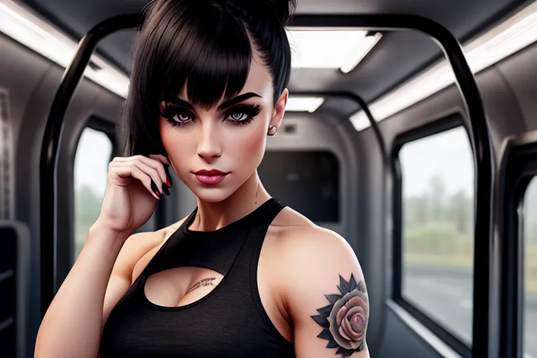 a digital painting of,a fitness model,wearing tank top,standing,in the bus,five slender fingers,bangs hairstyle,beautiful face,beautiful lips,black eyes,curved eyebrows,curved eyelid,pale skin,cosy,tattoo,sharp focus,smooth,artstation,studio lighting,8k