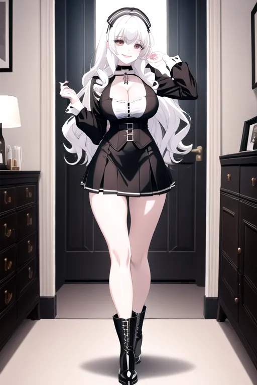 miniskirt, black maid uniform, white hair, choker, brown eyes, pale skin, giant breasts, boots, cleavage, high heels, looking at viewer, walking across room, living room, 1girl, smiling, wavy hair, 8K, Full body photo, slim body