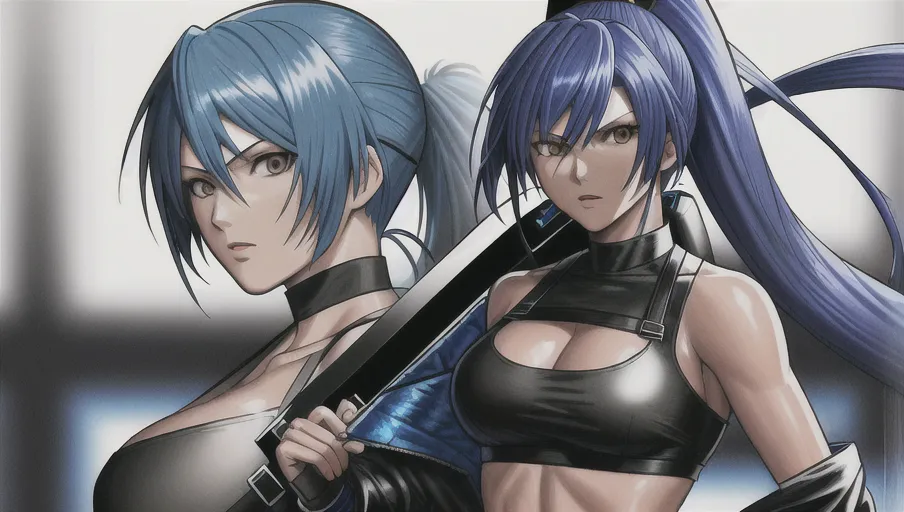 Ultra high resolution image of Leona Heidern from King of fighters, blue hair in a high ponytail, bangs, dressed as a character from the John Wick movies