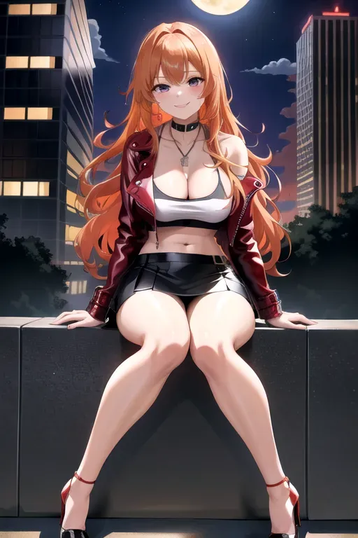 full body, strawberry blonde hair, brown eyes, short girl, red miniskirt, black high heels, looking at viewer, long hair, pale skin, silver necklace, black crop top, 24 years old, giant breasts, cute face, pov, wavy hair, city environment, Oklahoma City, wide eyes, erotic, skirt tug, leather jacket, nighttime, black backpack, slim body, sitting on wall, smiling, cleavage, f-cup breasts