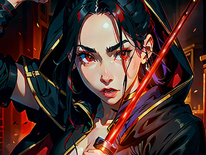 a beautiful seth woman, long chin, red eyes, red skin, red face, black monk robe, black cape, black hoodie, Seth robe, holding a red lightsaber, dark Temple background, red lighting in background, foggy room, highly detailed, 8k