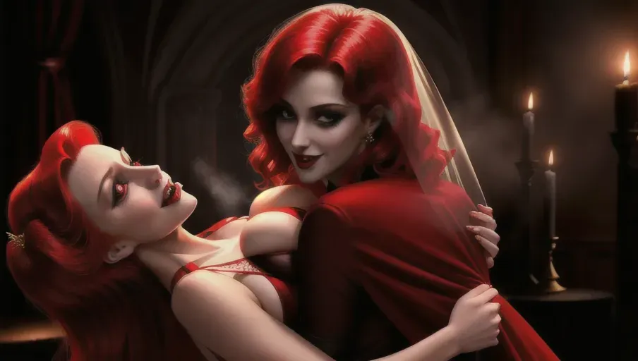 medium shot of the sexy vampire vixens of Dracula hungerly at an erotic party with their redheaded hypnotized innocent victim. Drinking, dancing, kissing, seducing their hypnotized victim, placing upon her head a shadowy veil. on a foggy moonlit night in the shadowy ballroom of a decerped old castle. Beautiful redhead still human victim early mid-thirties moderate breasts good sweet innocent, big soft round eyes, warm smile Anna of Arendelle in an elegant Nordic ballgown.
photorealistic. High resolution