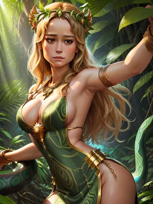 realistic HD photograph of, (((Brie Larson)))((accurate face)), (((As a jungle priestess goddess)))((in an abandoned jungle temple))((wearing a split side serpent scale print dress))(((wearing Bedlah))), very sexy pose,(((perky breasts))), , five slender fingers, ((((detailed female anatomical features)))), beautiful face, beautiful lips,detailed large eyes,curved eyebrows,cgsociety,cinematic lighting,studio lighting,professional,editorial,