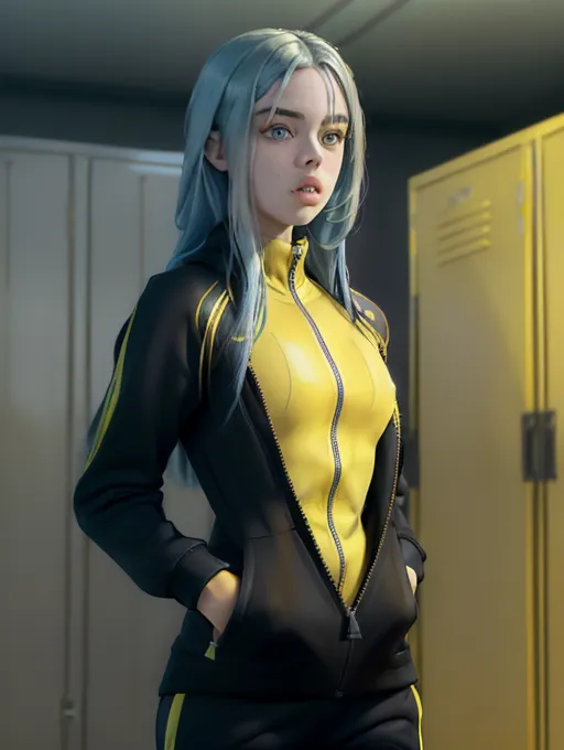 realistic HD photograph ((wide shot)), ((exotic glamorous))(((Billie Eilish))) ((((accurate face)))),(((in a locker room)))(((wearing unzipped yellow tracksuit with black trim)))(((topless))),((very sexy pose)),(((small perky breasts)))((blue eyes)),(((slender body))), five slender fingers, beautiful face, beautiful lips,detailed large eyes,curved eyebrows,cgsociety,cinematic lighting,studio lighting,professional,editorial,<lora:dpmg_fingering:1>