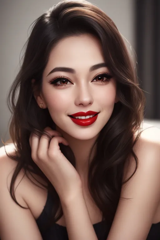 very high detail, most beautiful woman in the world, highly realistic, dark eyes, long eyelashes, mouth slightly open, laugh, red lips, hand under chin