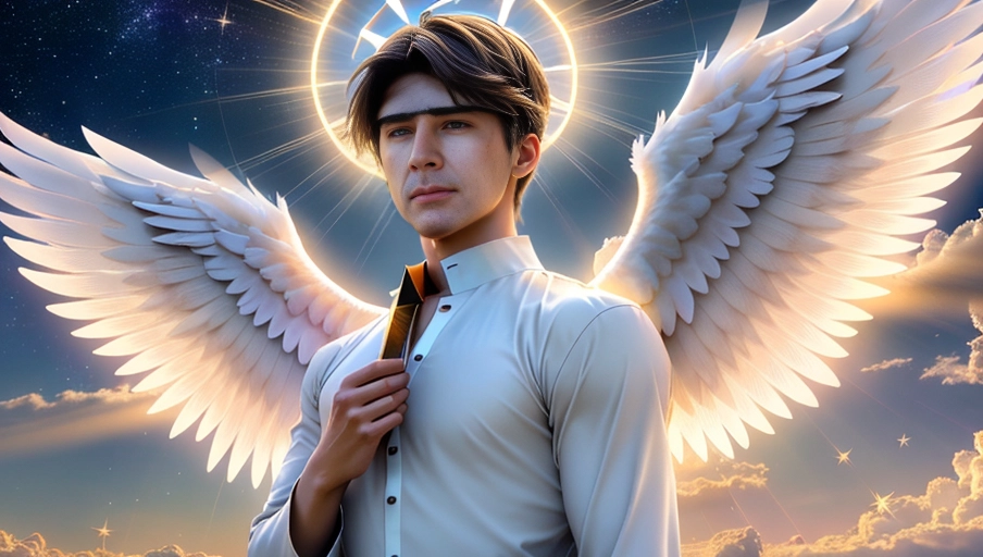 a 64k high detailed photo of body shot of straight Male HDR Professional ((In clothing))) ((Has Attire)) Godly Ultra Detailed Best Quality Most Detailed ((Angel Wings)) Angelic Lighting Love Hope Magic casting Crown Smiling Queen happy Glory Warrior Angels Angelics Positivity Happiness ecstasy enraptured sweaty saving God Royalty Morality Goodness True Good Power Force Authority Ethical Saviour orgasm face Halo short Hair Always and Forever Sentimental in heat hot ultra hot best best lighting tantric Neutral Brilliant Logical Compassionate Perfect Perfection Exciting Integrity Winged Courage Purity Harmony Beauty mark on upper lip ((Male)) Ethereal Lighting Celestial Lighting (((With Clothes))) ((With God Item)) ((God Tech)) with items of power God Wings