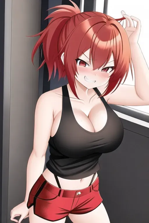 red hair anime girl in tank top and shorts looking down at you with an mean grin on her face big breasts