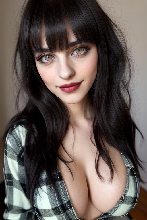 Cute Italian girl, simple grunge makeup, pale colored eyes, black hair, bangs, big lips, lascivious smile, realistic face, teasing me sexually, flirting with me and smirking playfully, looking into my eyes, libidinous expression, sexually excited, huge realistic breasts , flannel shirt, standing skinny body, photorealistic, best quality, ultra high resolution