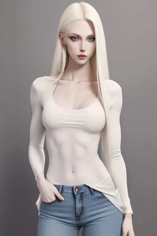 beautiful pale skinned woman, long platinum blonde hair, skinny, flat chest, ((flat chest)), wearing a baggy mens shirt and low cut tight skinny jeans