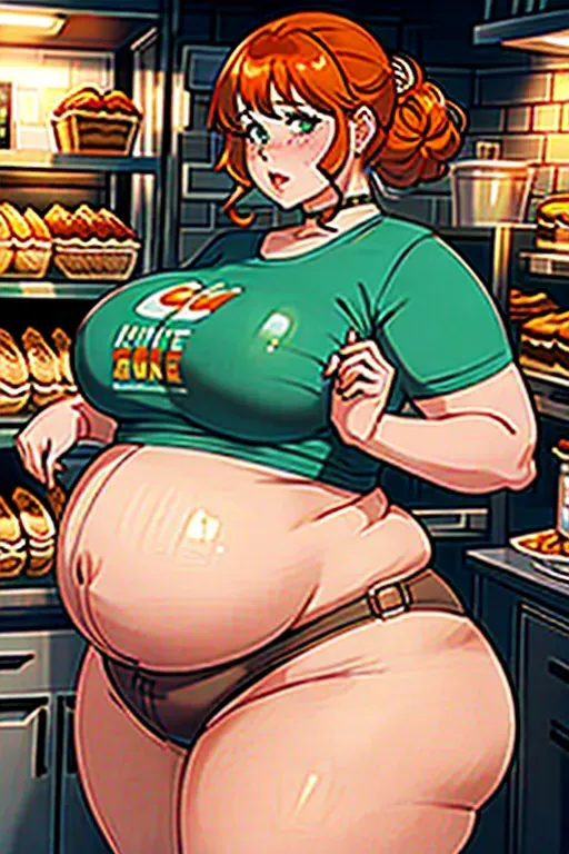 a photo shot of, an ssbbw girl, beer belly, mom bod, huge mom bod, fat mom bod, bloated, fat gut, huge gut, stuffed gut, swollen gut, huge stomach, giant beer belly, blushing, stuffed belly, chubby cheeks, thick neck, fattest girl, huge breasts, large belly, huge belly, fat belly, fat rolls, giant belly, double chin, chubby, huge thighs, fat thighs, giant thighs, massive thighs, thicc thighs, muffintop, huge muffintop, fat muffintop, spare tire, thicc, five fingers per hand, messy hair, orange hair, curly hair, messy bun hairstyle, wide hips, weight gain, feederism, freckles, big nose, big mouth, green eyes, pale skin, mean face, smooth, pixiv, highly detailed, surreal, sharp focus, full body, fat arms, huge arms, extra large hips, huge waist, wide waist, casual clothes, jeans, in a bakery