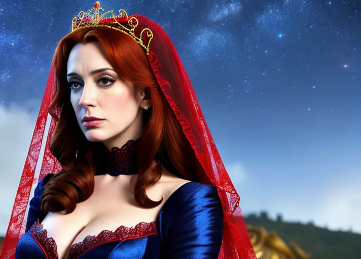 low angle set against the dark nighttime sky, Strong distinguished debonair black hared Dracula dressed in black and red prepares to claim sweet beautiful good girl auburn haired sapphire eyed hypnotized Queen Anna of Arendelle portrayed by Christina Hendricks in a black wedding gown and lace veil over her face taking her in his arms her neck arched in anticipation as his new vampire bride. photorealistic.