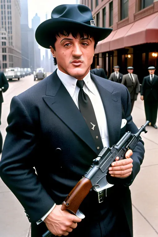 a high resolution color picture of, 70 year old Sylvester Stallone as a 1930s mobster, holding a tommy gun on a Chicago Street, looking at the camera, angry, detailed face