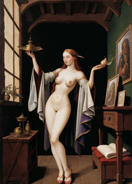 Liebeszauber is a late 15th century painting which portrays a young naked witch casting a love spell, fashionable pointy-toed slippers, medieval german middle ages pre-renaissance