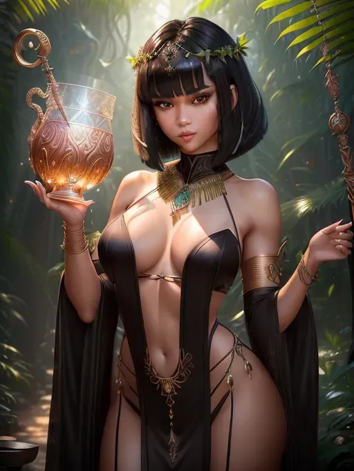 realistic HD photograph of, (((Zendaya)))((accurate face)), (((As a erotic pagan jungle goddess)))((in an pagan temple))((wearing a split side scaled violetdiaphanous pagan gown))(((wearing elaborate Bedlah)))(((surrounded by eldritch magic aura)))(((drinking goblet filled with semen))), very sexy pose,(((perky breasts))), (((slender athletic build))), (((aroused lustful smirking expression))),(((short straight blunt bangs haircut)))(((black hair))), beautiful face, beautiful lips,detailed large eyes,curved eyebrows,cgsociety,cinematic lighting,studio lighting,professional,editorial,