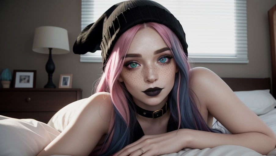 A professional photo shoot of a,
cute woman, 24 years old, she has really small breasts, and wide hips, she is wearing a black beanie, a black collar, and black lipstick, she has long pink colored hair, and freckles on face, her eyes are green and blue with heterochromia, she is lying seductively on her bed,
the location is her bedroom with warm light coming in through half closed blinds, movie posters on wall, messy bed,
photo-realistic, 8k, accurate face, (((detailed face))),
perfect quality, uhd, masterpiece, masterwork, perfect lighting, professional photography, volumetric lighting, soft light, 8k resolution,