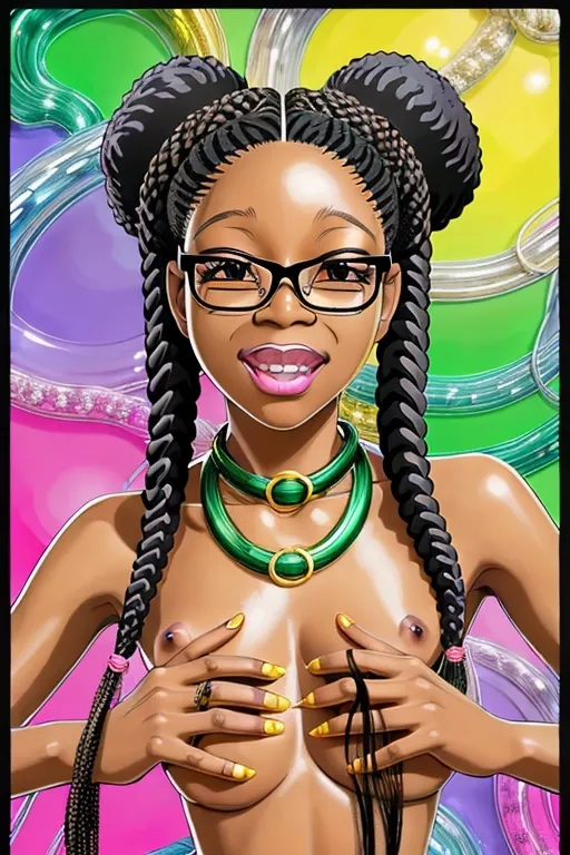 beautiful black woman with braces in glasses with long blonde braided pigtail dreadlocks hair, without shoes, retro toes, in the style of anime art, gold and emerald, the stars art group (xing xing), colorful animations, portraits, self-portraits, louis, shiny glossy, giant dildo pacifier necklace