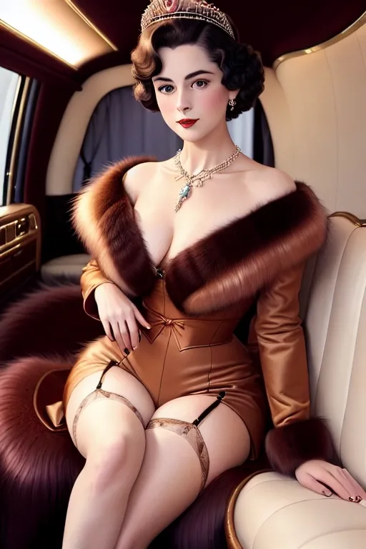 a colour painting of, a ((full length)) young Queen Elizabeth the Queen Mother,((show full body and legs)), wearing sexy 1930s period lingerie (((with a fur coat over her shoulders))), (((visible cameltoe)))wearing necklace and tiara, seated (((in the back of a limo))), ,five slender fingers, gorgeous face,beautiful lips, long sexy legs, ((short dark hair)) detailed large eyes,curved eyebrows,pale skin,cosy.