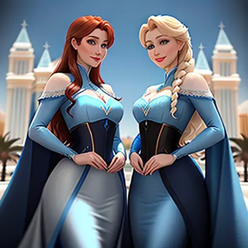 low angle shot,
Anna and Elsa in Las Vegas.
innocent sweet, Anna of Arendelle 37 years old, Nordic, dressed in modest green attire, large natural round blue eyes, long auburn hair, sweet face, warm smile, soft curved eyebrows, smaller modest breasts.
Elvis male 45, white sequin jumpsuit, black pompadour hair, confident smile.
Elsa of Arendelle 40, slightly taller than Anna. dressed in blue clothing.
five fingers per hand, ultra realistic, unreal engine, reduced saturation, adult