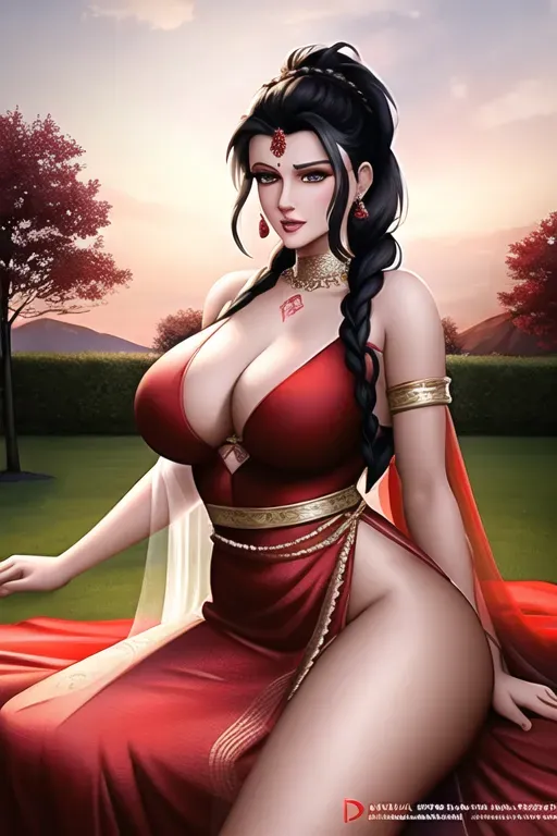 a digital art of,Taapsee Pannu,wearing red wedding dress,sitting on bent knees,in the garden,big breasts,five fingers per hand,braids hair,charming face,beautiful lips,detailed large eyes,curved eyebrows,curved eyelid,pale skin,satisfaction,tattoo,unreal engine,editorial,cinematic lighting,ultra realistic,highly detailed