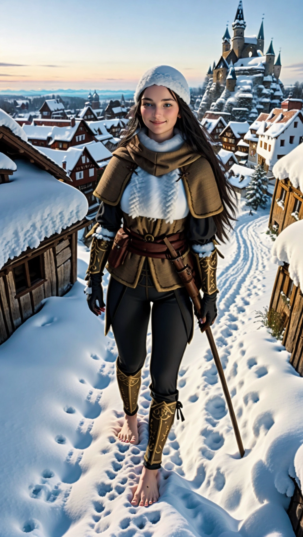 full-body image of a fit tan thin beautiful barefoot German adventurer woman with long hair wearing medieval adventurer attire while exploring a snowy village, (beautiful petite feminine feet: 1.2), (barefoot: 1.3), (wearing warm black medieval adventurer attire: 1.2), (long dark hair: 1.2), (German woman: 1.3), (bustling snowy village: 1.4), (black toenails: 1.2), (gloves: 1.3), (tights: 1.2), (magic glowing markings on feet: 1.3), (smug smirk: 1.2), (adventurer pants: 1.2),