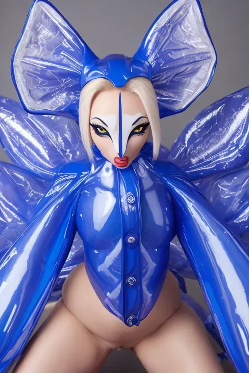 close up shot, 20 year old, a nine-tail fox, thicc, transparent raincoat, blue, halloween party, day time, studio light, happy, 8k, professional
