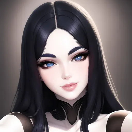 a closeup digital selfie,a beautiful 18 year old girl,silky black hair,smiling, looking at the camera,beautiful lips,blue eyes,curved eyebrows,pale skin,satisfaction,highly detailed,artstation,surreal,ultra realistic,smooth