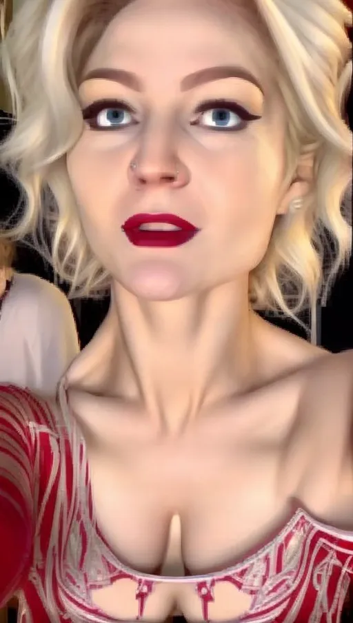 <lora:Pw9zBdMgx5o_Kallmekris_2:1> Kris selfie blond hair til tok star kallmekris huge boobs cleavage tease