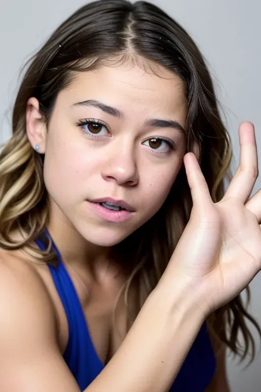 ultra realistic photo of naked Tatiana Maslany, with white skin and blonde hair, brown eyes, slander five fingers,