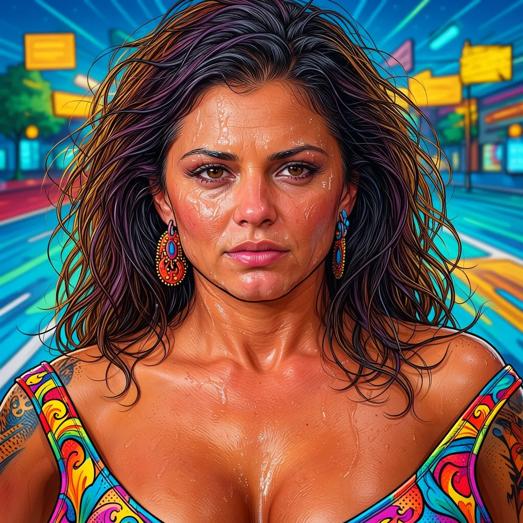 photorealistic and surrealistic film in a comic illustrations style by Mike Deodato, (interesting unique diverse complex character design that is a woman:1.2), (photorealistic detailed face:1.1), (classic stereotypical over tuned retro comics body shape and anatomy),
big variation of colors , smooth pencil brush to create a composition of vivid colors, thick black outlines, flat shading, minimal highlights ,interesting detailed Foreground and background depth are clear giving visual complexity to the scene