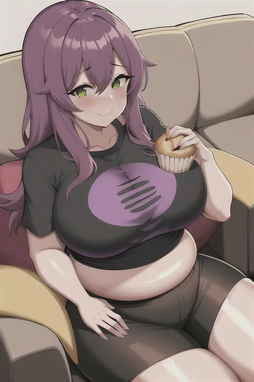 UHD, 1girl, milf, onee-san, cocky, sitting on couch, dinner date, eating, muckbang, black shorts, bright purple t-shirt, very fat, big belly, muffin top, chubby, wide waist, overwight, obese, growing, too fat, weight gain, anime style, vibrant colors, bright colors,