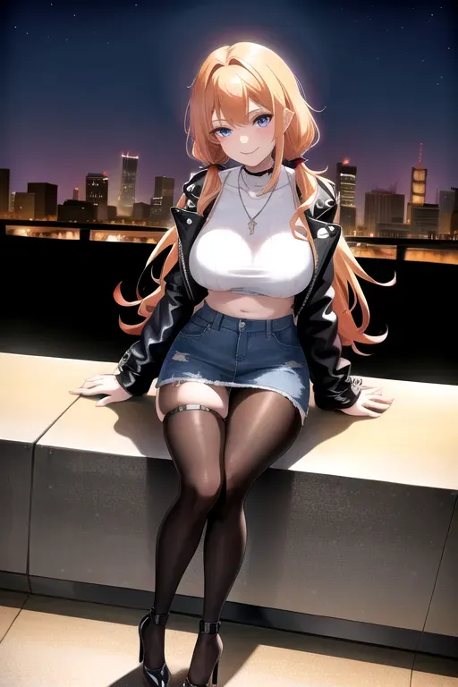 full body, strawberry blonde hair, hazel eyes, short girl, denim miniskirt, black high heels, looking at viewer, long hair, pale skin, silver necklace, black crop top, 24 years old, giant breasts, cute face, pov, wavy hair, city environment, Oklahoma City, wide eyes, erotic, skirt tug, leather jacket, nighttime, black backpack, slim body, low pigtails, sitting on wall, smiling