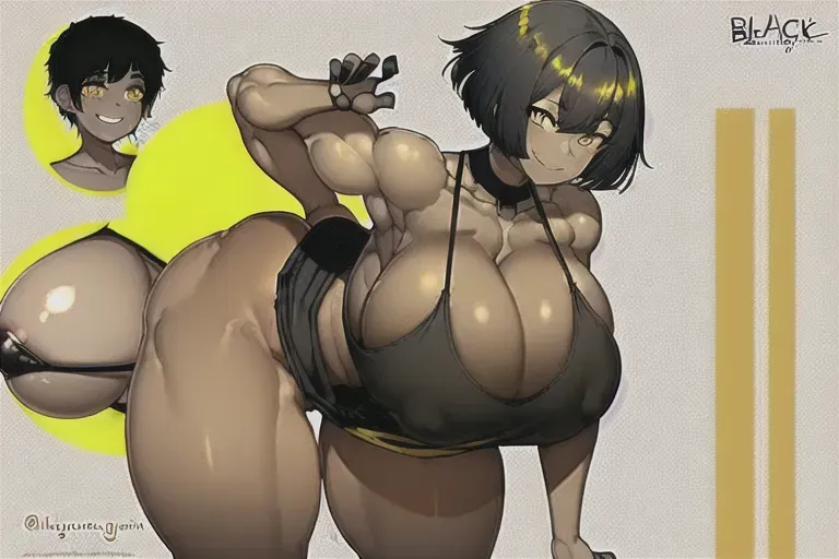smiling girl with black hair, black skin, wearing a yellow tanktop, short hair, and black skin, has thicc thighs, huge boobies, and giant muscles
