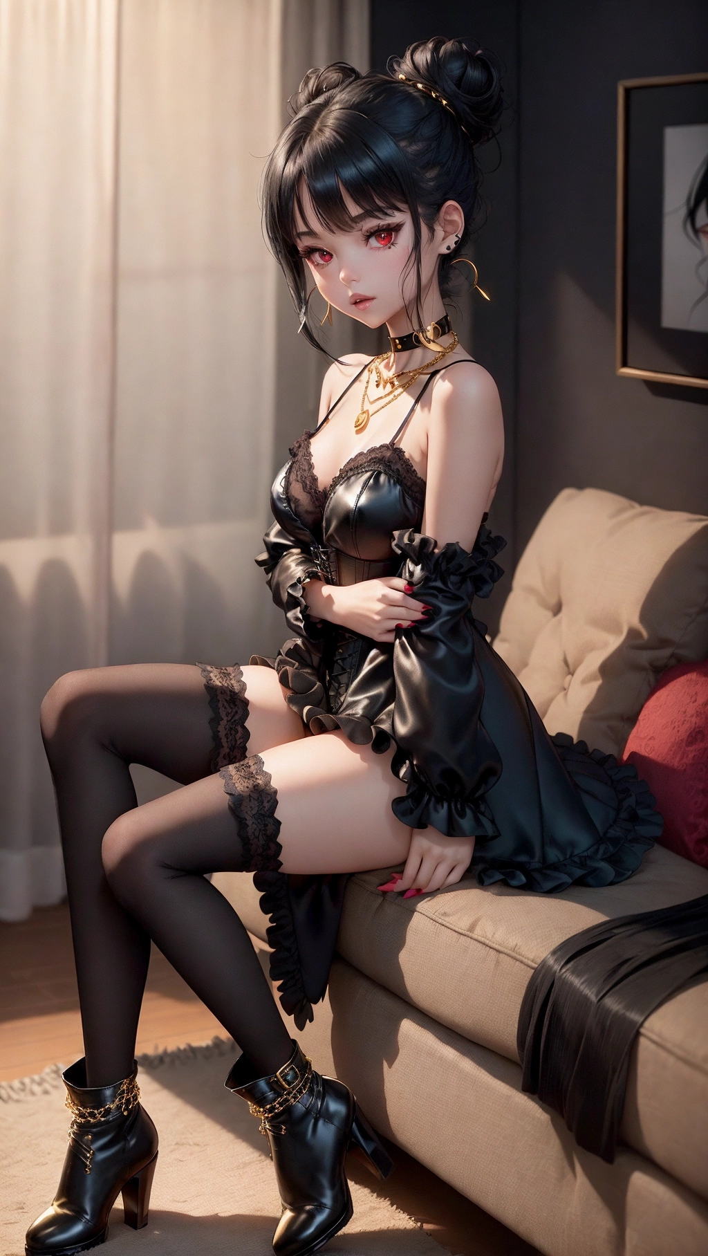 Petite, a black lace corset top that hugs her curves, a tight black skirt, and black leather ankle boots with gold chains. Her silky black hair is styled in a messy bun, with a few strands framing her face and highlighting her ruby red eyes. She is also wearing a simple gold necklace with a small pendant, sitting on her couch at night in a open plot studio apartment with big glass windows, moonlight,