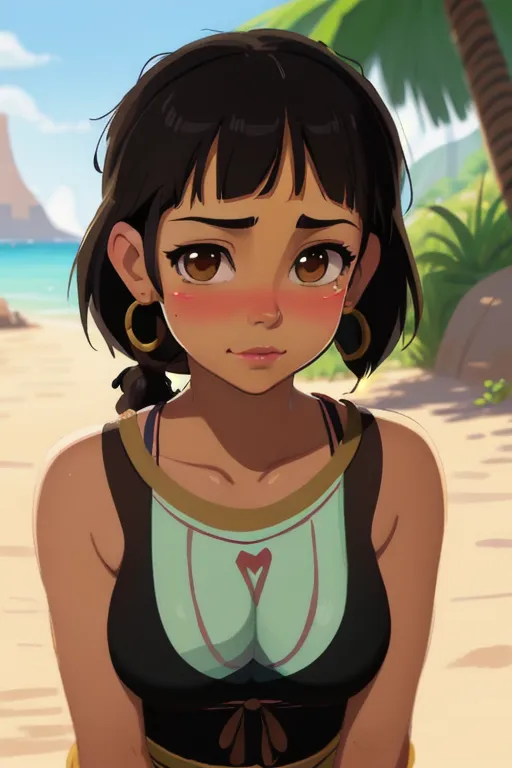 painted image, Chel from Road to El Dorado, exact likeness, eye to eye, unsure, close, soft focus