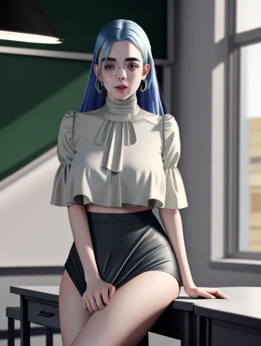 Ultra HD resolution, best quality, digital professional photograph, (((young Billie Eilish)))((((accurate face)))),(((as a seductive college professor)))(((sitting on a desk in a college classroom))),((smirking))(((tight silk blouse)))(((wearing glasses)))(((tight bodycon skirt))),((very sexy pose)),(((perky breasts))),(((very slender athletic body))), five slender fingers, beautiful face, beautiful lips,detailed large eyes,curved eyebrows,cgsociety,cinematic lighting,studio lighting,professional,editorial,<lora:dpmg_round_glasses:1.5><lora:dpmg_upshirt:1.5><lora:dpmg_skirt_tug:1.5>