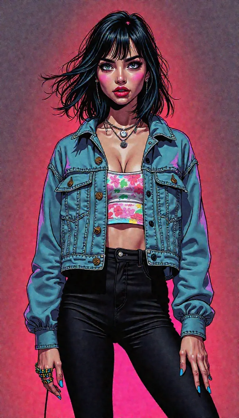 Debbie Salt, full-body portrait, pastel-glazed heartbreak, popstar with knife-lined mascara, soft-voiced threat, glitter in the blood, bruised neon stare, spotlight survivor, chart-topping damage, saccharine defiance, fragile gloss layered over control
hand-drawn graphic novel style, bold ink contour lines with halftone shading, smudged lighting on a solitary figure, teased layered hair with pastel-dyed tips and streaked crown volume, sharp cheekbone shadows, glossed lips pulled tight with something unsaid, over-inked mascara and winged eyeliner like weaponized emotion, flushed skin across a clenched jaw, eyes drawn wide and weary with spotlight fatigue
tattered cropped denim jacket with frayed edges, colorful mismatched buttons like fan confessions, fitted tie-dye wifebeater tank top inked with grainy shadow lines, full-length opaque black tights, multiple tiny mismatched bracelets on each wrist like stolen moments, deft long fingers posed mid-expression, black nail polish chipped but deliberate, stance caught between defiance and restraint, body language reading like a lyric she didn’t want to write
stage-lit shadow ambience, low light pooled around studio floor, mic stand out of frame like a ghost of the last take, distant red light blinking in rhythm with her regret, tape reels somewhere off-panel hissing with silence, subtle poster framing around her as if every inch was meant to hurt
she sings like a confession no one deserved, her voice is vinyl-thin and razor-sharp, she walks like she’s tired of being forgiven, everything she wears tells you where it hurts and when it last bled, you can see the verses in how she breathes, every layer is emotional armor dressed up like styling
pop heartbreak rendered in bold ink and halftone blush, pastel grief broadcast through noise and posture, no chorus, just consequence