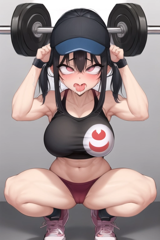 squatting, gym, lifting weights, sagging breast, very silly face looking at pov ahegao crossed eyes