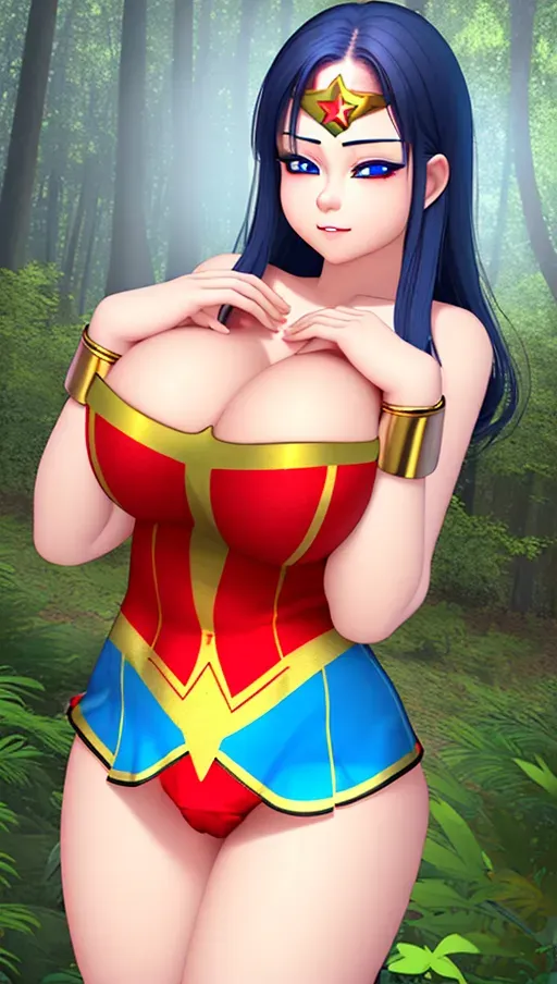 shy embarassed cute wonder womam with saggy big tits
realistic shading on breasts with dark moonlight and enchanted forest background, detailed soft shading on chest dresses in red and gold wonder woman costume with blue underwear
detailed hands, realistic arms, detailed panties with white stars, realistic fabrics, detailed costume, raytracing lighting realistic shading